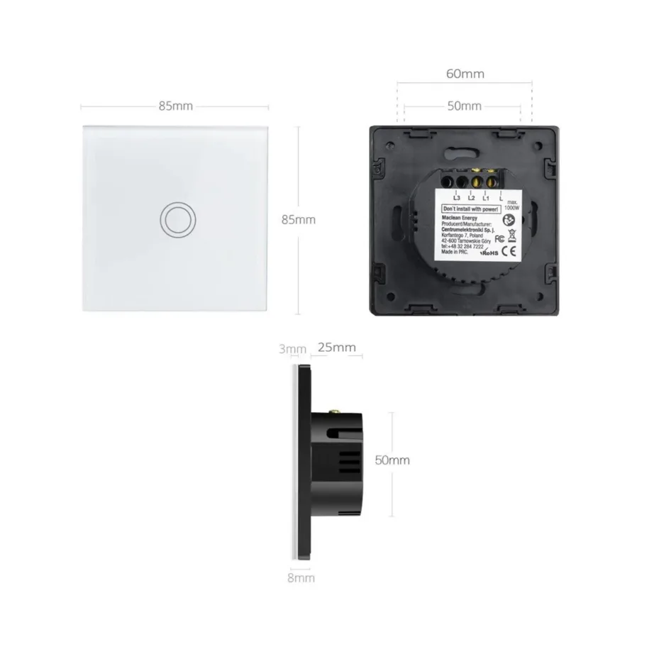 Maclean MCE702W 1000W valge puutetundlik klaaslüliti, ümmarguse nupuga, 86×86 mm, seinapaigaldusega – 3