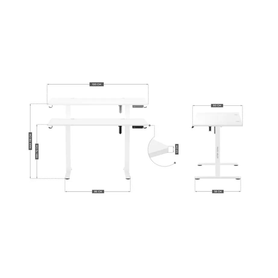 Mark Adler MA-Leader 7.0 White 120×60 cm elektriline reguleeritava kõrgusega kirjutuslaud, metallraam, mälufunktsioon ja seljakotihoidik, kandevõime kuni 80 kg kontorisse ja kodukontorisse – 7