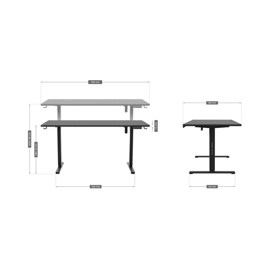 Mark Adler MA-Leader 7.6 160×80 cm must elektriline reguleeritav töölaud mälufunktsiooniga, metallraam, 72–118 cm, 70 kg kandevõime, kaabliavad ja seljakotihoidik kontorisse või kodukontorisse – 6