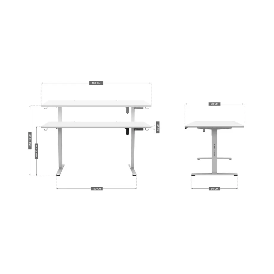 Mark Adler MA-Leader 7.6 White 160×80 cm elektriline kõrgusega reguleeritav valge kirjutuslaud, metallraam, mälufunktsioon, 72–118 cm, kuni 70 kg – kodu- ja kontorikasutuseks – 6