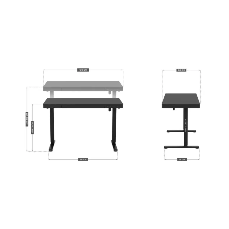 MARK ADLER MA-Leader 8.2 Black 120x60 cm reguleeritava kõrgusega elektriline töölaud, 1 sahtel, USB ja USB-C pesad, must metallraam – kodukontorisse ja mängimiseks, kandevõime 70 kg