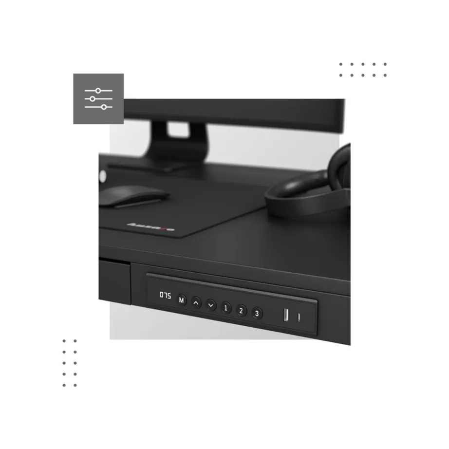 MARK ADLER MA-Leader 8.2 Black 120×60 cm reguleeritava kõrgusega elektriline töölaud, 1 sahtel, USB ja USB-C pesad, must metallraam – kodukontorisse ja mängimiseks, kandevõime 70 kg – 7