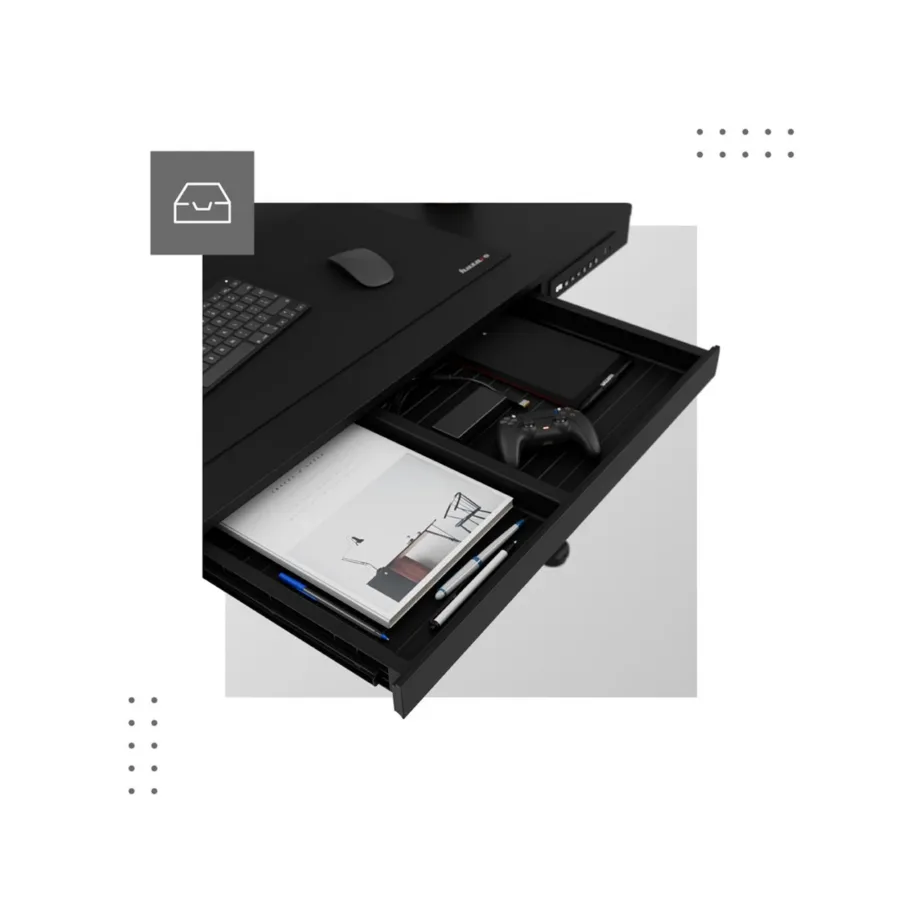 MARK ADLER MA-Leader 8.2 Black 120×60 cm reguleeritava kõrgusega elektriline töölaud, 1 sahtel, USB ja USB-C pesad, must metallraam – kodukontorisse ja mängimiseks, kandevõime 70 kg – 8