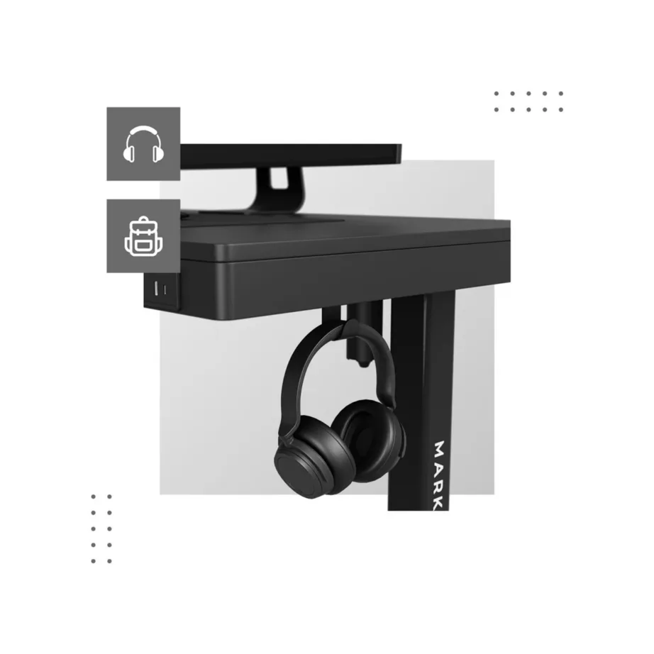 MARK ADLER MA-Leader 8.2 Black 120×60 cm reguleeritava kõrgusega elektriline töölaud, 1 sahtel, USB ja USB-C pesad, must metallraam – kodukontorisse ja mängimiseks, kandevõime 70 kg – 9