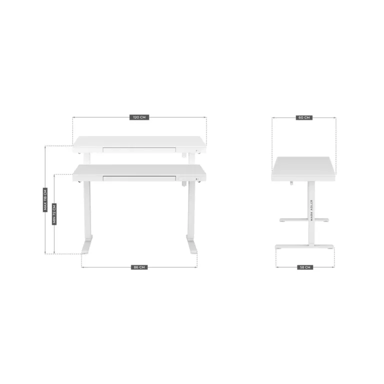 Mark Adler MA-Leader 8.2 White 120x60 cm elektriline reguleeritav valge kirjutuslaud USB-C, 1 sahtel, metallraam, kuni 70 kg, kodu- ja kontorikasutuseks