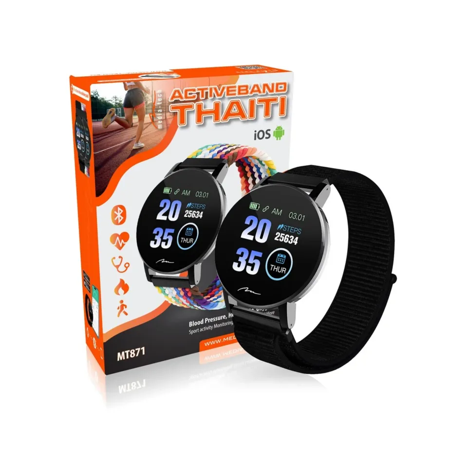 Media-Tech ACTIVEBAND THAITI MT871 1,3″ must nutikas spordikell, südame- ja vererõhu jälgimine, 150mAh, IP67, Bluetooth, nailonrihm, Android/iOS ühilduv – 7