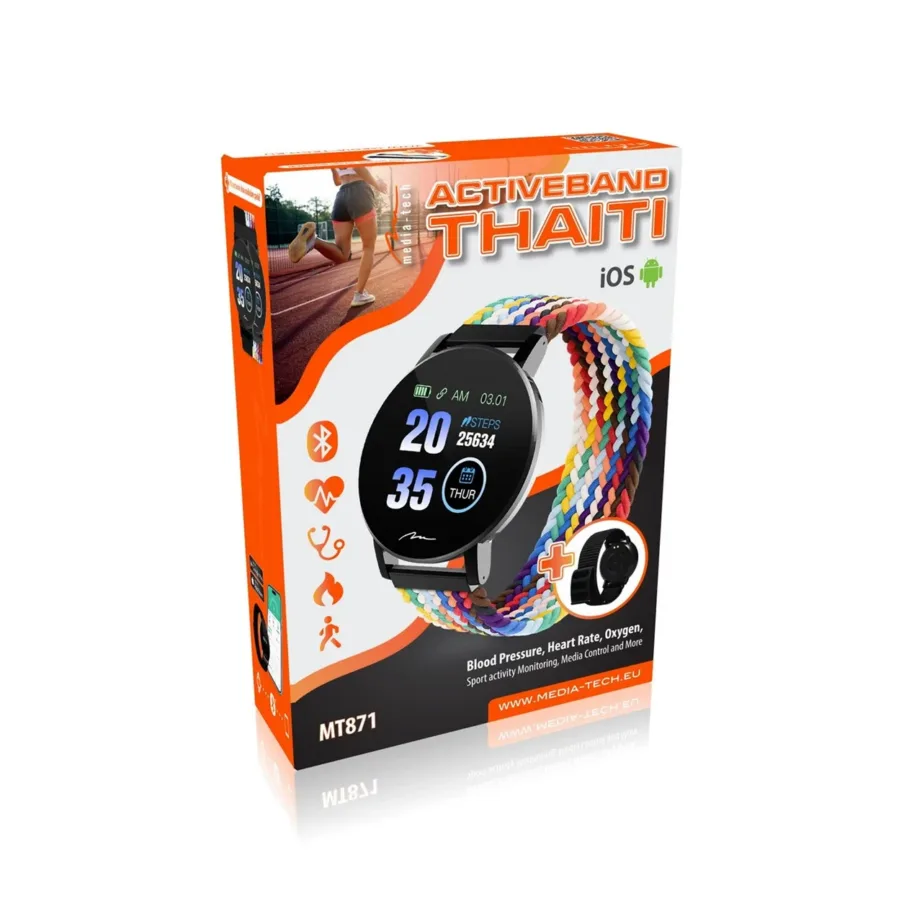 Media-Tech ACTIVEBAND THAITI MT871 1,3″ must nutikas spordikell, südame- ja vererõhu jälgimine, 150mAh, IP67, Bluetooth, nailonrihm, Android/iOS ühilduv – 9