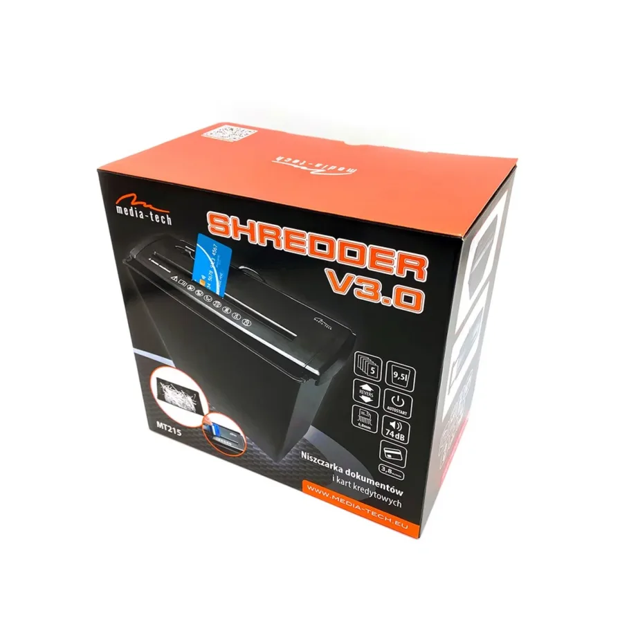 Media-Tech MT215 9,5 l must dokumentide hävitaja, P-1 turbetase, 22 cm pilu, krediitkaartidele – 7