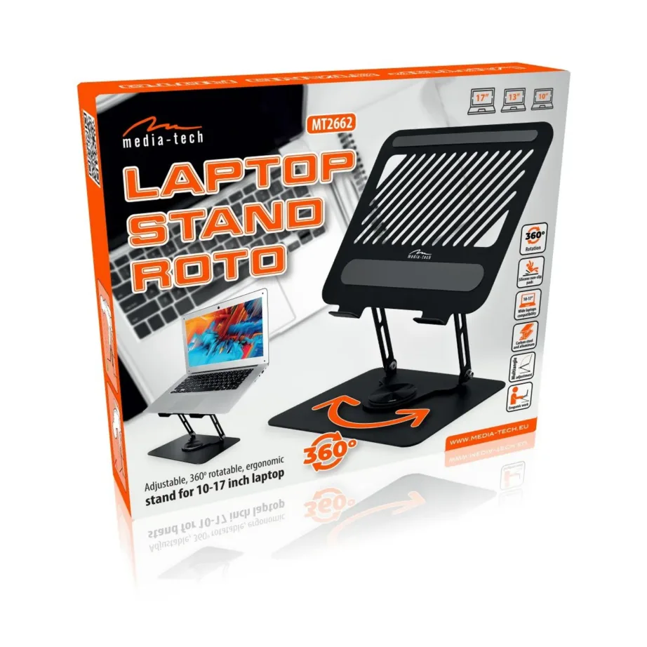 Media-Tech MT2662 10–17″ alumiiniumist ja terasest must pööratav ning reguleeritav sülearvutialus, kokkupandav – 4