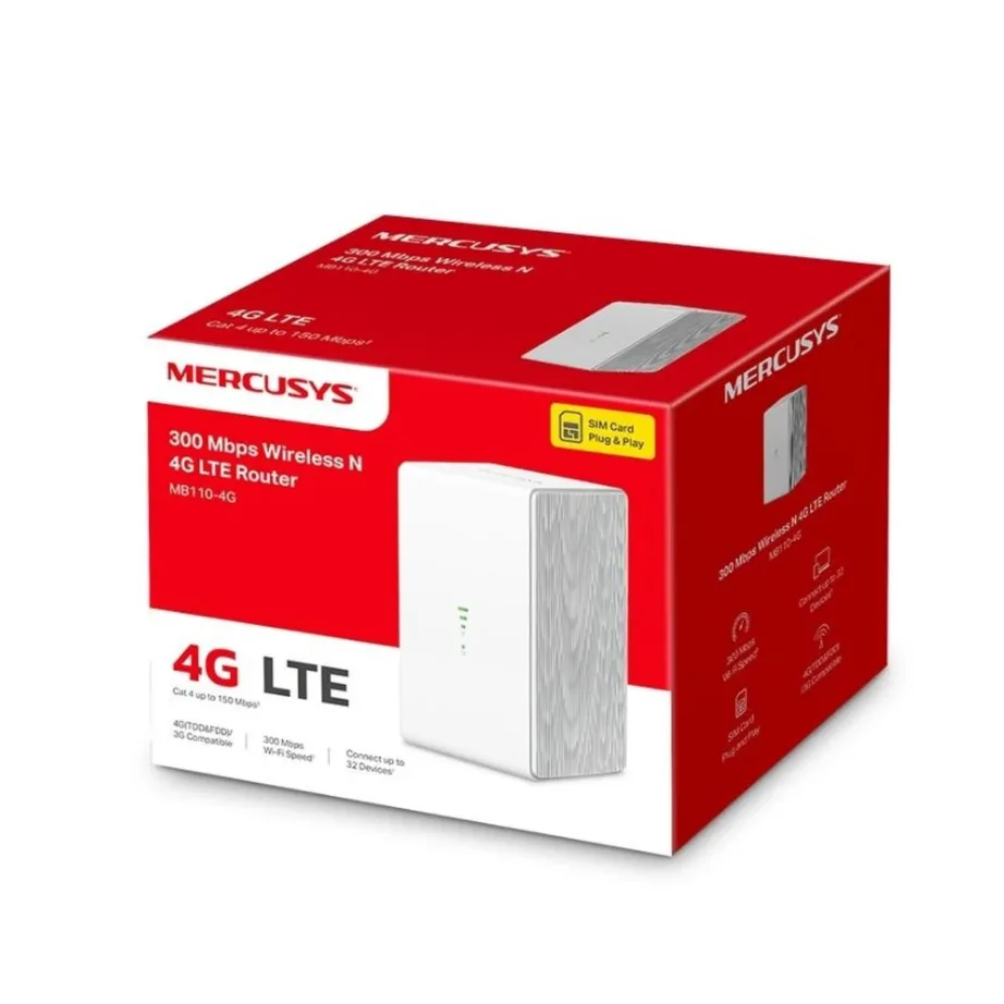 Mercusys MB110-4G 4G LTE ruuter 300 Mbit/s 2.4 GHz valge, 2x LAN, NanoSIM, lauamudel – 8