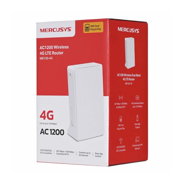 Mercusys MB130-4G valge 4G/LTE kahe sagedusalaga Wi-Fi ruuter (2.4/5 GHz, kuni 867 Mbit/s, Ethernet, Nano SIM, 2x2 sisseehitatud antenni, lauapealne)