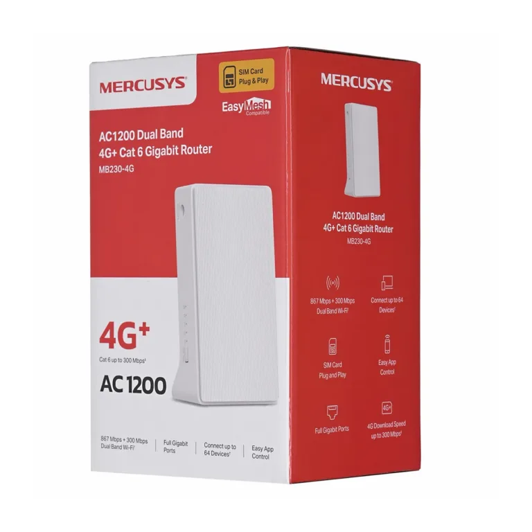 Mercusys MB230-4G AC1200 valge dual-band 4G+ Cat6 gigabitruuter, NanoSIM, 1200 Mbit/s, 2 LAN-porti, sisseehitatud antennid
