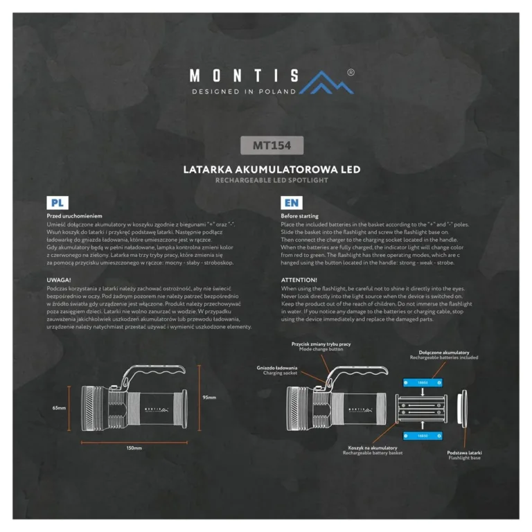 Montis MT154 5W LED alumiiniumist käsitaskulamp, 2x18650 laetav aku, 4000mAh, 150x65x95 mm, Type-C, hall
