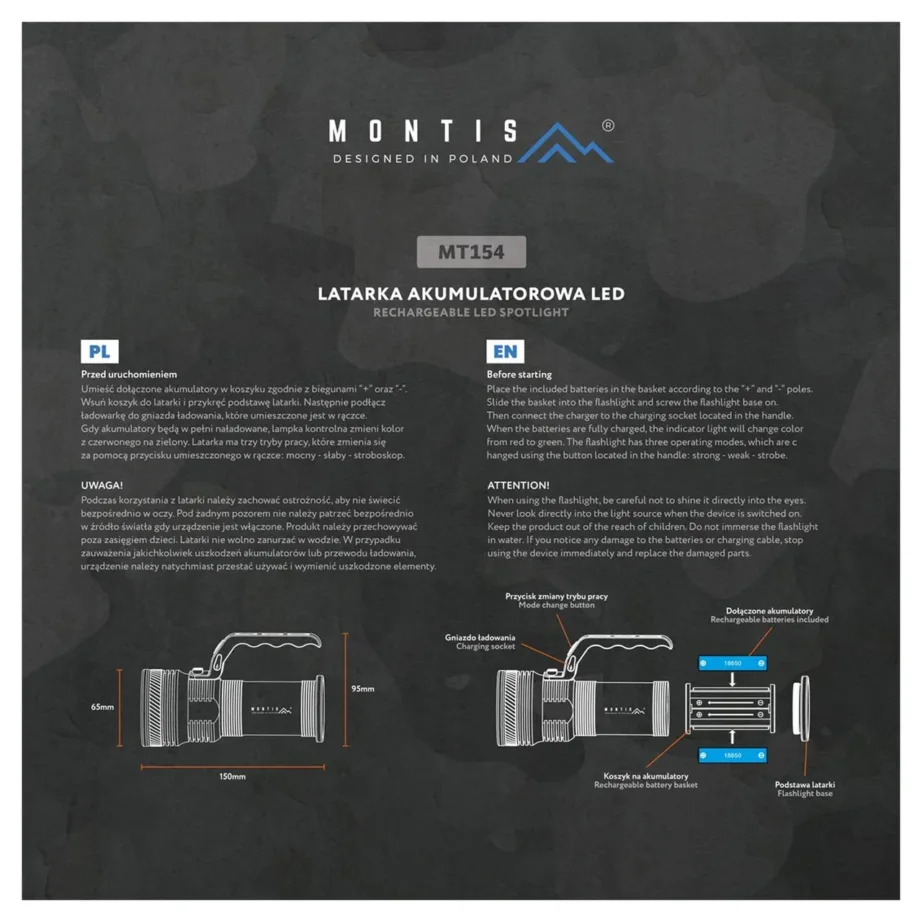 Montis MT154 5W LED alumiiniumist käsitaskulamp, 2×18650 laetav aku, 4000mAh, 150x65x95 mm, Type-C, hall – 8
