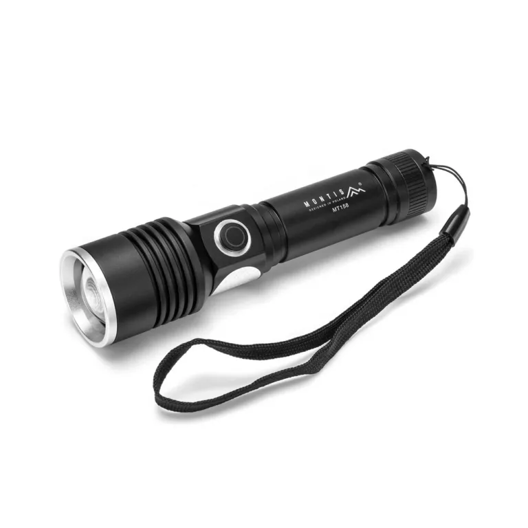 Montis MT158 5W LED must alumiiniumist käsitaskulamp, laetav 18650 liitiumaku, USB-C, 142 mm