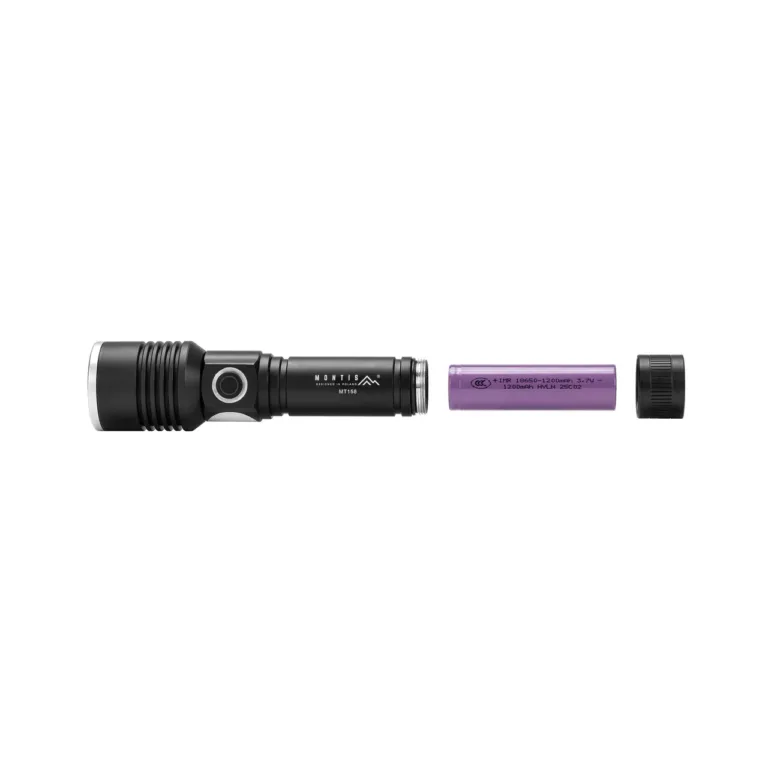 Montis MT158 5W LED must alumiiniumist käsitaskulamp, laetav 18650 liitiumaku, USB-C, 142 mm