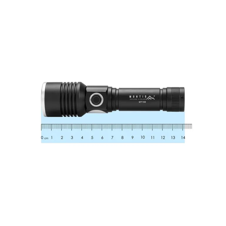 Montis MT158 5W LED must alumiiniumist käsitaskulamp, laetav 18650 liitiumaku, USB-C, 142 mm