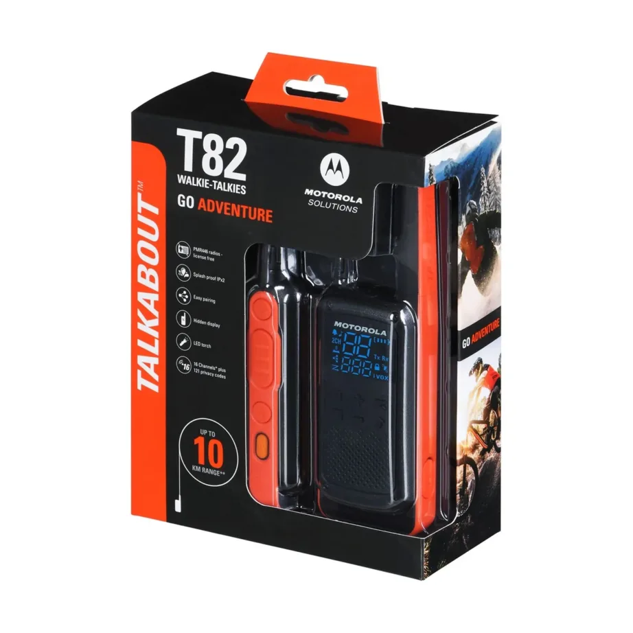 Motorola MOTO82 T82 16-kanaliline oranž-must kahepoolne raadiosaatjate komplekt, 10 km ulatus, laetavate NiMH akude, vööklambri ja laadijaga – 10