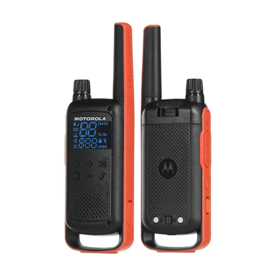 Motorola MOTO82 T82 16-kanaliline oranž-must kahepoolne raadiosaatjate komplekt, 10 km ulatus, laetavate NiMH akude, vööklambri ja laadijaga