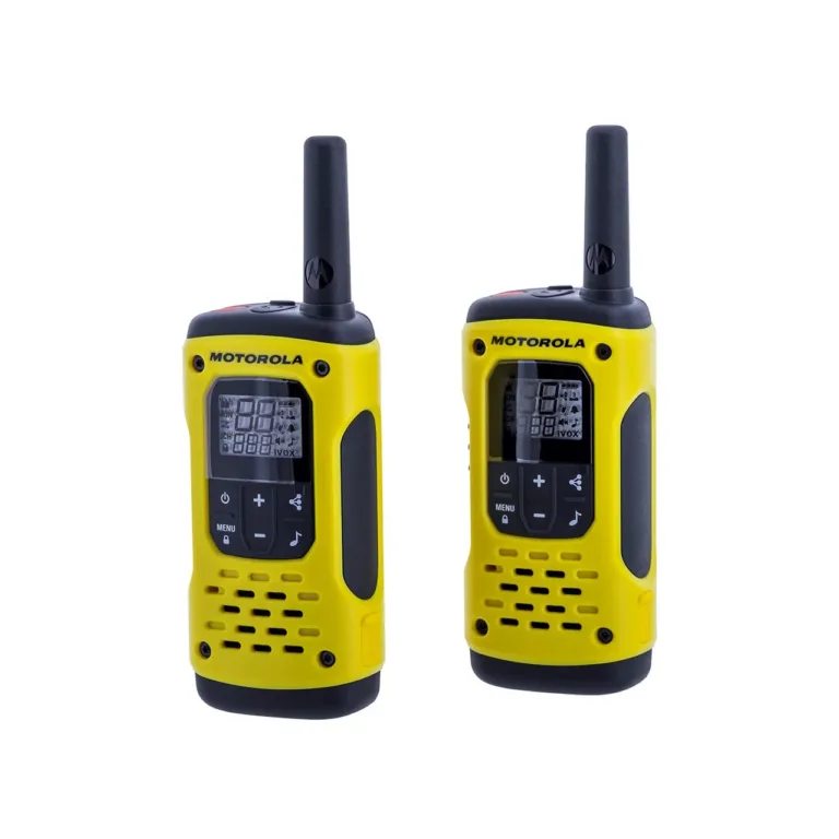 Motorola T92 H2O MOTO92H 16-kanaliline veekindel raadiosaatjate komplekt (2 tk, IP67, 10 km ulatus, must/kollane, NiMH akud, vööklambrid, reisikott)