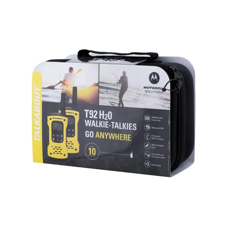 Motorola T92 H2O MOTO92H 16-kanaliline veekindel raadiosaatjate komplekt (2 tk, IP67, 10 km ulatus, must/kollane, NiMH akud, vööklambrid, reisikott)