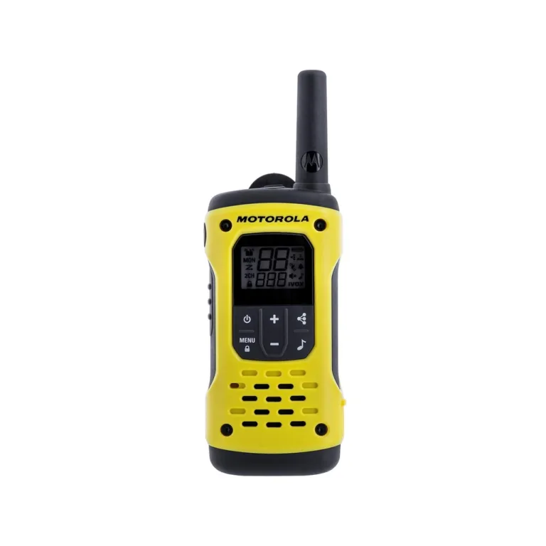 Motorola T92 H2O MOTO92H 16-kanaliline veekindel raadiosaatjate komplekt (2 tk, IP67, 10 km ulatus, must/kollane, NiMH akud, vööklambrid, reisikott)
