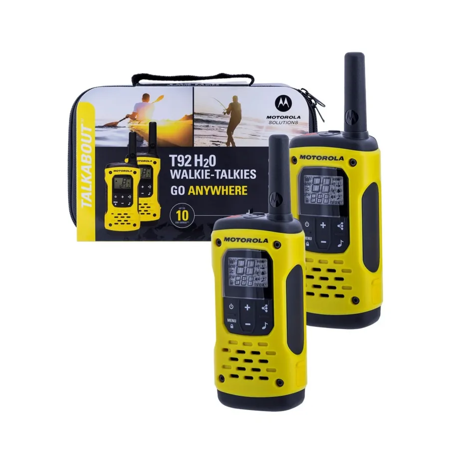 Motorola T92 H2O MOTO92H 16-kanaliline veekindel raadiosaatjate komplekt (2 tk, IP67, 10 km ulatus, must/kollane, NiMH akud, vööklambrid, reisikott)