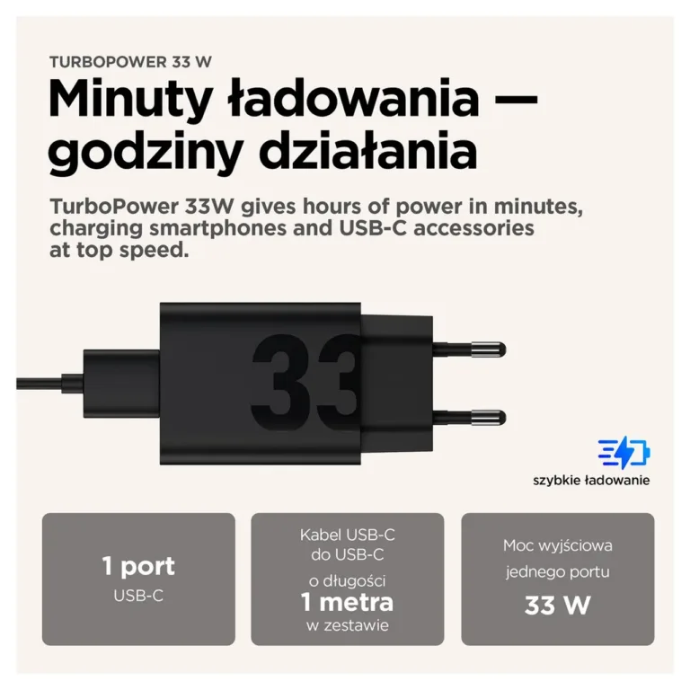 Motorola TurboPower PG38C06448 33W GaN must USB-C kiirlaadija 1 m kaabliga, EU pistik, universaalne