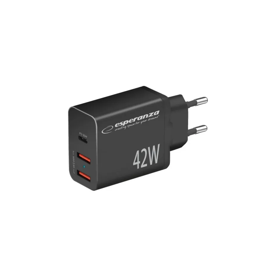 Must kiire seinakontakti laadija Esperanza EZC106K 42W, 1x USB-C PD ja 2x USB-A