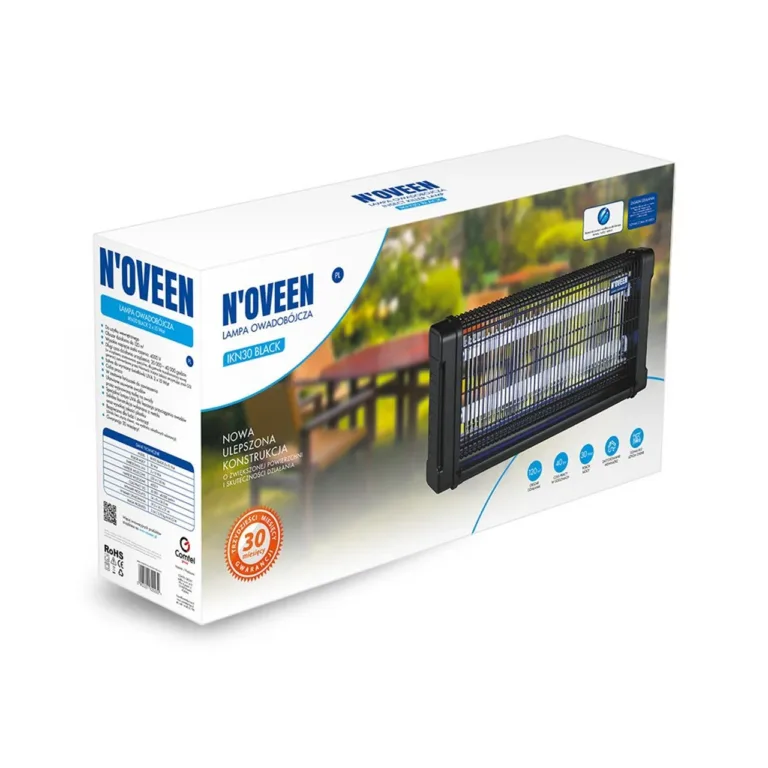 N'OVEEN IKN-30BLAC 54 cm must UV putukatõrjelamp 120 m² jaoks, 2x15W vahetatavate UVA torudega, IPX4, riputatav, siseruumidesse ja välitingimustesse