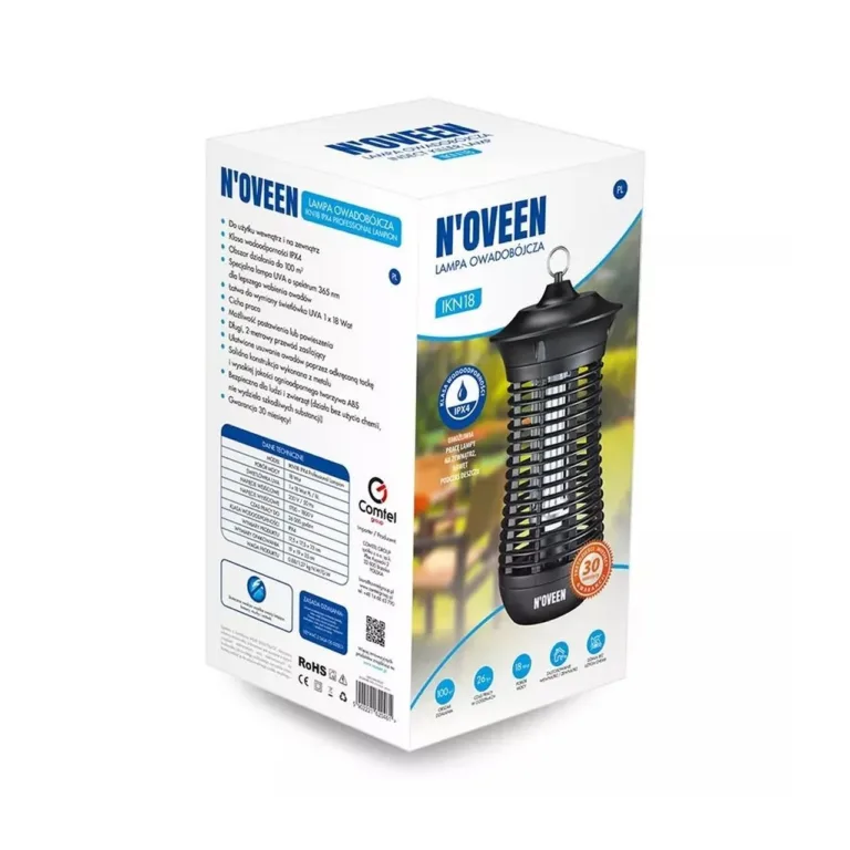 N'OVEEN IKN18 18W IPX4 must elektriline putukalamp, metall/ABS, 100 m², siseruumidesse ja õue, riputatav, 175x175x330 mm