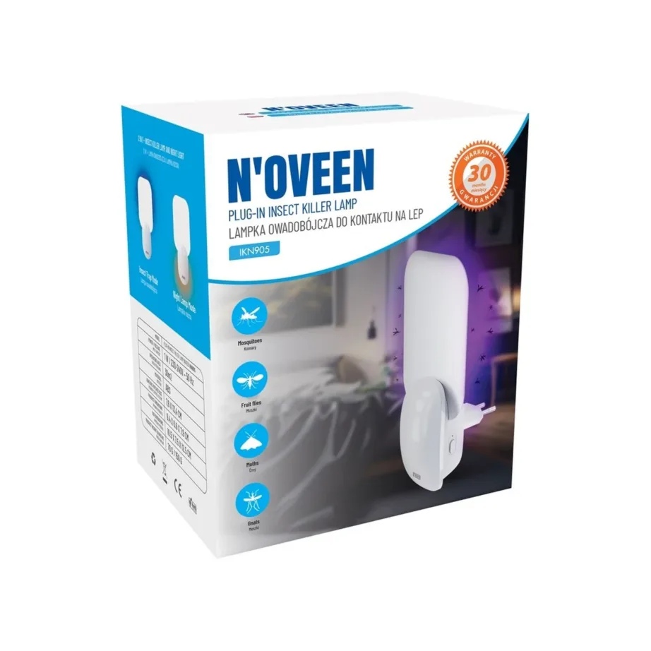 N’OVEEN IKN905 1W 30m² UV-valgusega valge plastist sääselamp vahetatavate liimpindadega, pistikühendusega – 5