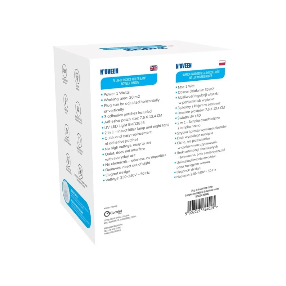 N’OVEEN IKN905 1W 30m² UV-valgusega valge plastist sääselamp vahetatavate liimpindadega, pistikühendusega – 6