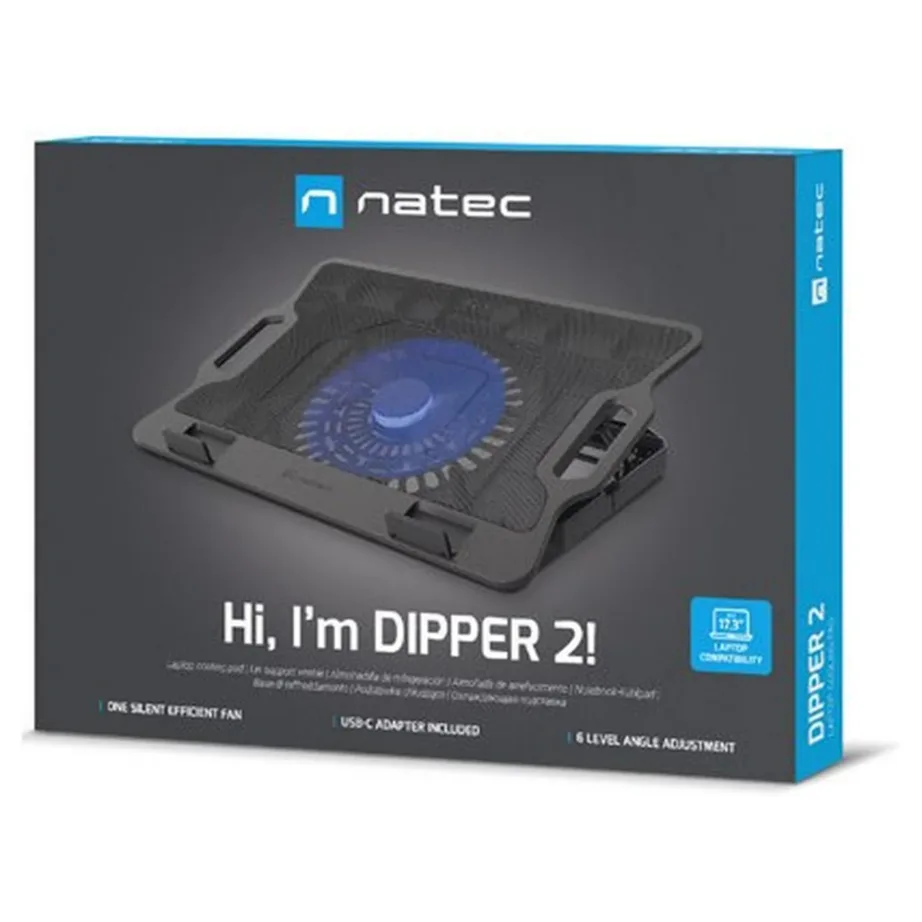 Natec Dipper 2 NPL-2252 17,3″ sülearvuti jahutusalus, 180 mm ventilaator, kiirusreguleerimine, sinine LED, must, metall/ABS, USB – 6