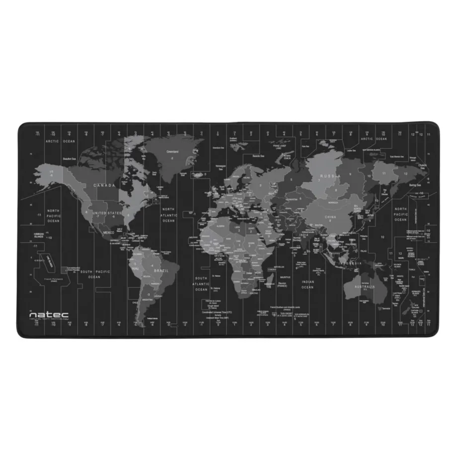 Natec NPO-1119 Time Zone Map 800x400x2,5 mm must/hall veekindel suur hiirematt libisemisvastase põhjaga – 2