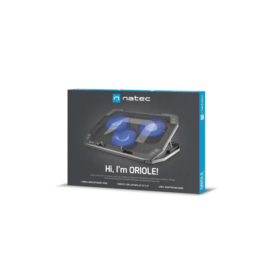 Natec Oriole NPL-1926 400x270x25 mm 3×120 mm ventilaatoriga sinise LED-iga jahutusalus kuni 17,3” sülearvutile USB-toitega – 4