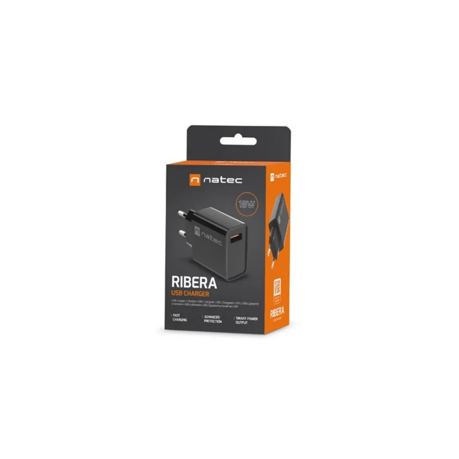 Natec Ribera NUC-2058 18W USB-A kiirlaadija, must, 83x43x27 mm, universaalne, QC 3.0 – 6