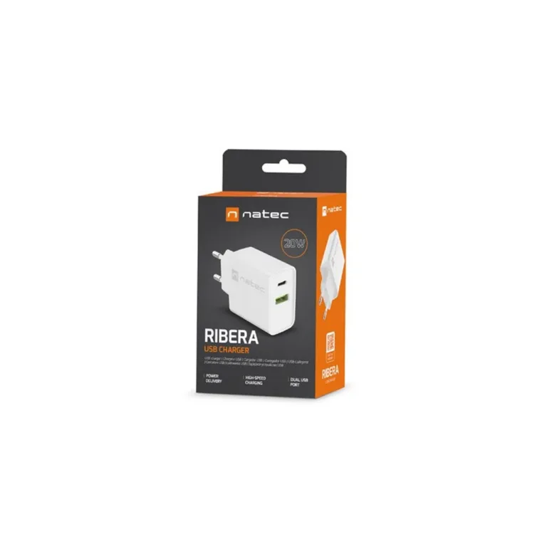 Natec Ribera NUC-2061 20W valge USB-C ja USB-A kiirlaadija, 3A, PD 3.0, seinalaadija universaalne