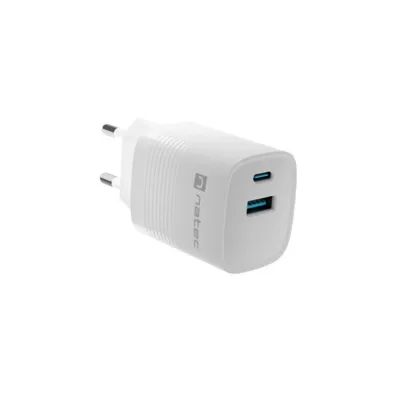 Natec Ribera NUC-2140 30W valge GaN seinalaadija, 1x USB-A, 1x USB-C, QC 3.0 ja PD 3.0, universaalne kasutus