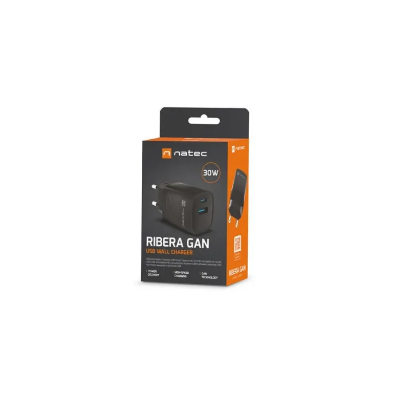 Natec Ribera NUC-2141 30W must GaN seinakiirlaadija USB-C ja USB-A, 1x USB-C, 1x USB-A, Quick Charge 3.0, Power Delivery 3.0, universaalne