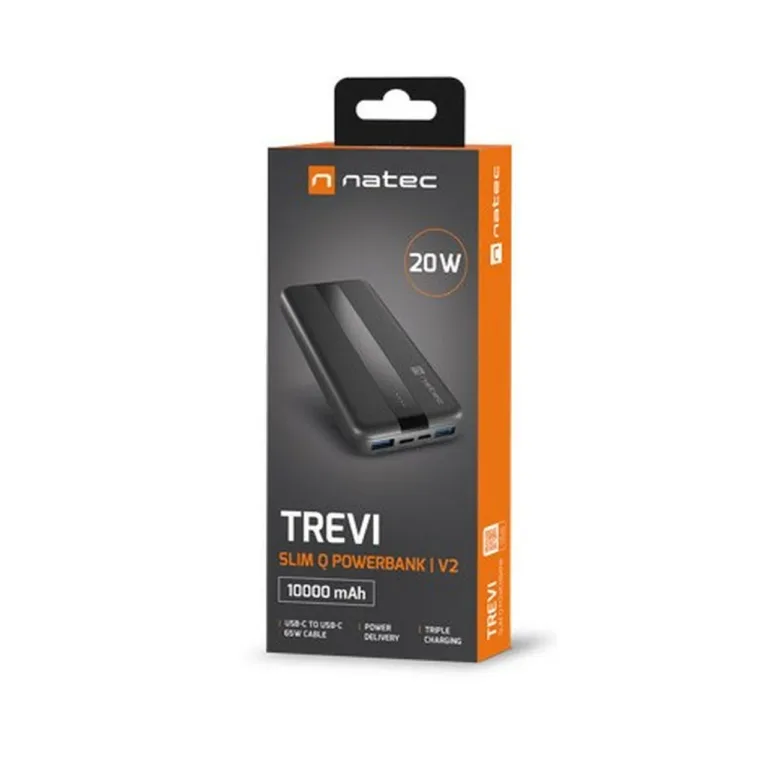 Natec Trevi Slim Q V2 NPB-2294 10000 mAh must LiPo kiirlaadimisega akupank, 3 seadmele, USB-C/USB-A