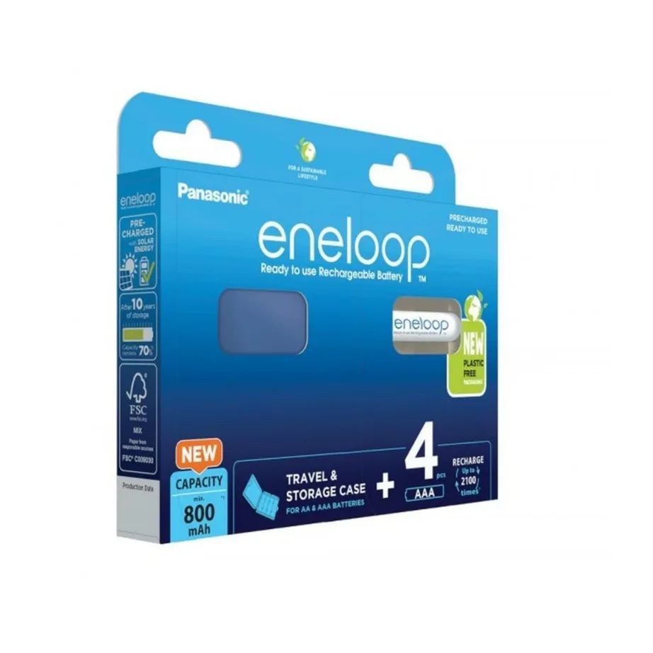Panasonic Eneloop BK-4MCDE/4CP+CASE 4×AAA 800 mAh Ni-MH laetavad akud reisikarbiga, valged