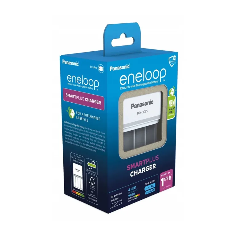 Panasonic Eneloop BQ-CC55E 4×AA/AAA nutikas akulaadija, valge, LED-indikaatoritega, 100–240 V