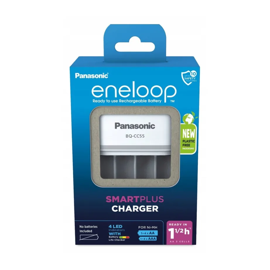 Panasonic Eneloop BQ-CC55E 4×AA/AAA nutikas akulaadija, valge, LED-indikaatoritega, 100–240 V