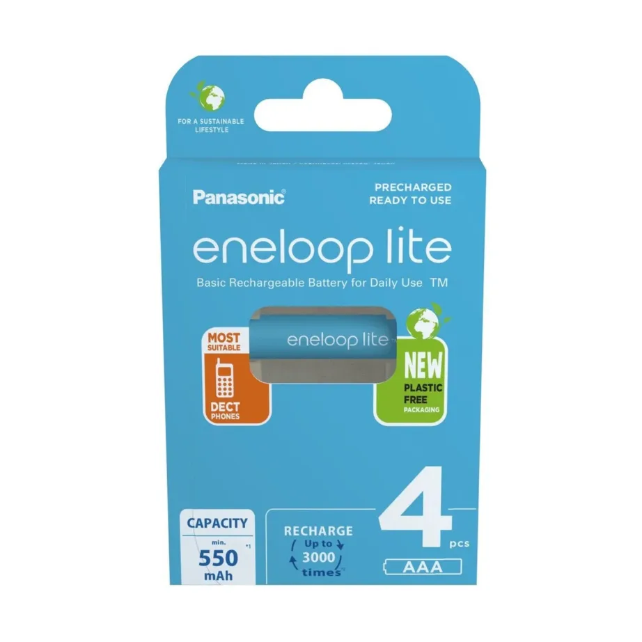 Panasonic Eneloop Lite BK-4LCCE/4CP 4×AAA 550 mAh sinine laetav Ni-MH aku (kuni 3000 laadimistsüklit, 1.2V)