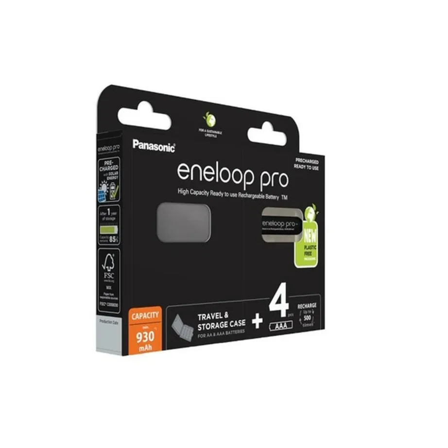 Panasonic Eneloop Pro BK-4HCDE/4CP+CASE 4×AAA 930 mAh mustad laetavad Ni-MH akud karbiga
