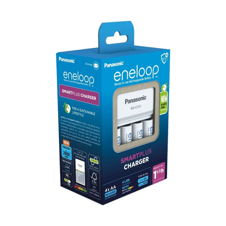 Panasonic Eneloop Smartplus BQ-CC55 valge akulaadija K-KJ55MCD40E + 4x AA 2000 mAh akuga, sobib AA/AAA akudele