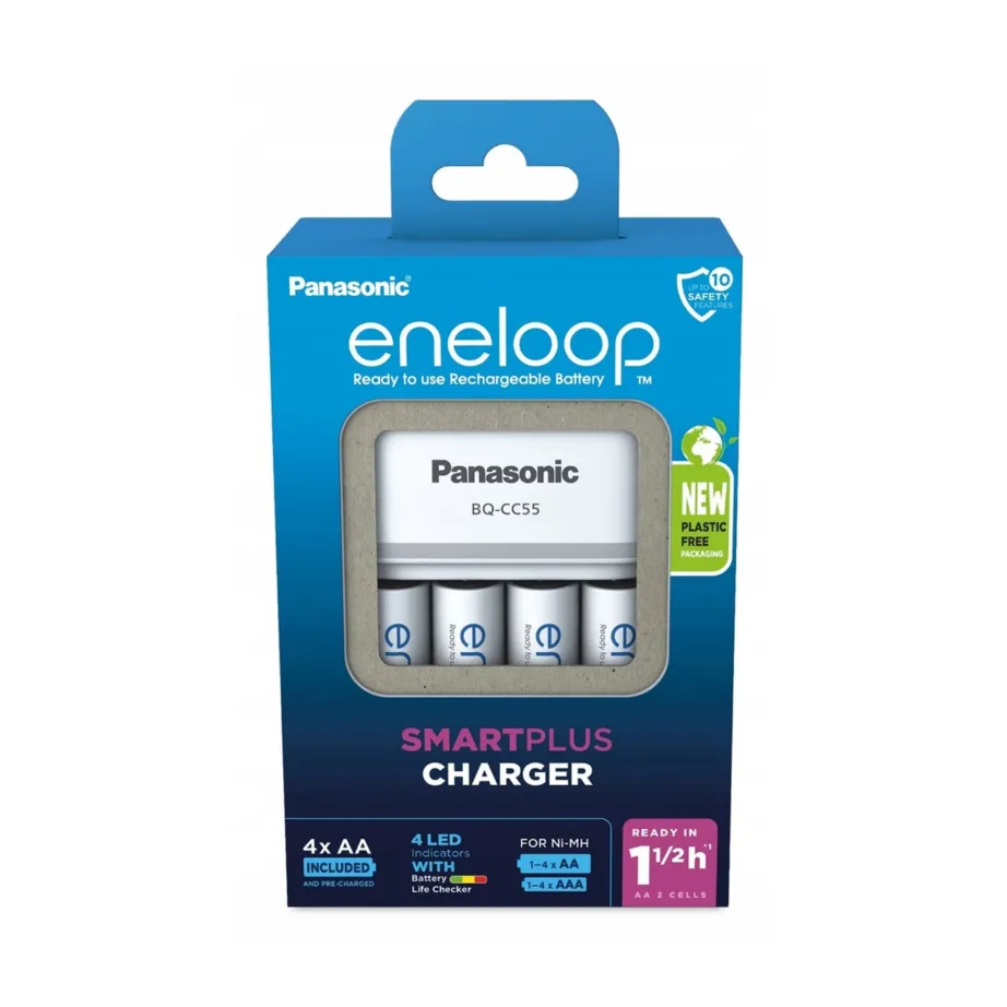 Panasonic Eneloop Smartplus BQ-CC55 valge akulaadija K-KJ55MCD40E + 4x AA 2000 mAh akuga, sobib AA/AAA akudele