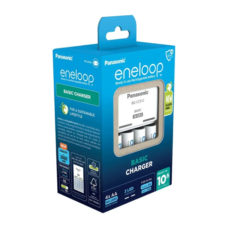 Panasonic K-KJ51MCD40E Eneloop Basic BQ-CC51 akulaadija 4×AA 2000 mAh akuga, valge, AA/AAA akudele