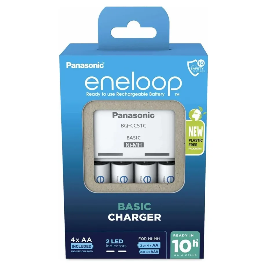Panasonic K-KJ51MCD40E Eneloop Basic BQ-CC51 akulaadija 4×AA 2000 mAh akuga, valge, AA/AAA akudele